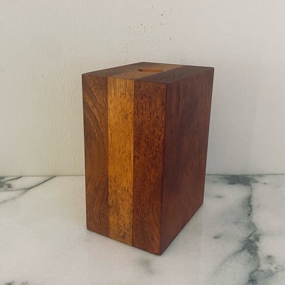 Vintage MCM Teak Birch Walnut Bud Vase Rectangle Pen Holder Handmade Wood Inlay - Picture 4 of 9